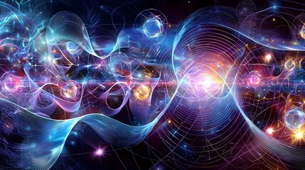 Abstract cosmic artwork featuring vibrant nebulae, glowing stars, and interwoven energy streams. Perfect for science fiction, fantasy, or technology projects.