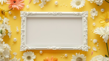 A blank white picture frame with pearl floral borders in the middle surrounded by tulips and violets