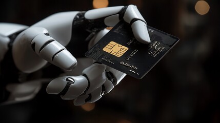 Robotic hand holding credit card.