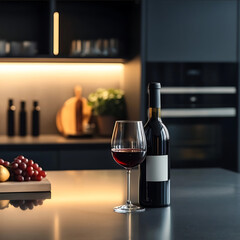 a photo of a bottle of red wine with a glass of red wine in a dark luxury kitchen