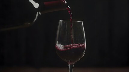 Red wine pouring into a glass against a dark background. Perfect for wine tasting, culinary, and beverage themes.