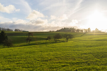 Panoramic landscape photo of German countryside in North Rhine Westphalia. Hills, forests and...