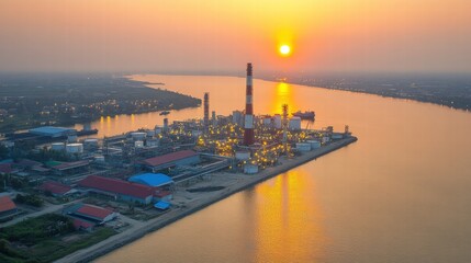 Naklejka premium Refinery at Sunset Over River