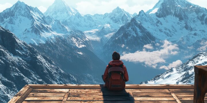 Adventurous traveler in a red jacket enjoying the magnificent snowy peaks from a wooden platform
