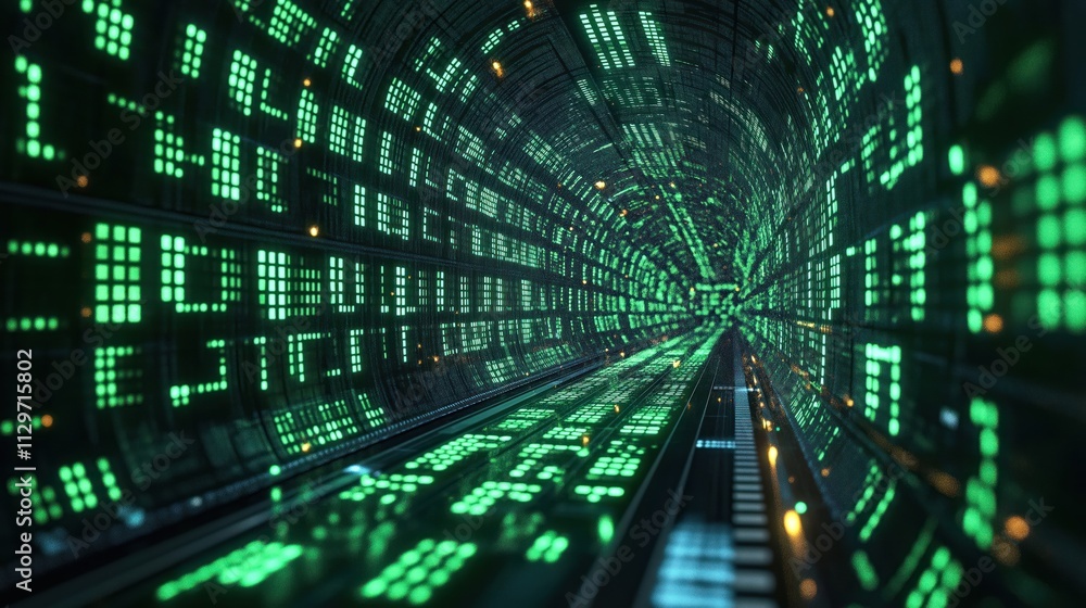 Poster digital tunnel matrix code background. green glowing code displays tech theme. cyber security produc