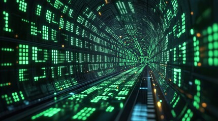 Fototapeta premium Digital tunnel matrix code background. Green glowing code displays tech theme. Cyber security product concept. Futuristic design. Modern tech innovation. Electronic product presentation. Dynamic data