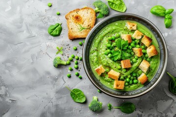 Delicious vegetarian spring summer vegetable soup with toast and croutons on light background