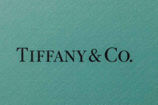 close up of Tiffany & Co. logo on iconic blue box	
