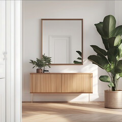 A mockup of an empty wooden sideboard in the hallway white walls with light wood flooring and a large mirror above it a plant on the right side of the image photor