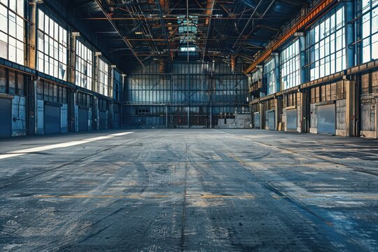 Desolate urban setting with under construction background and empty warehouse interior