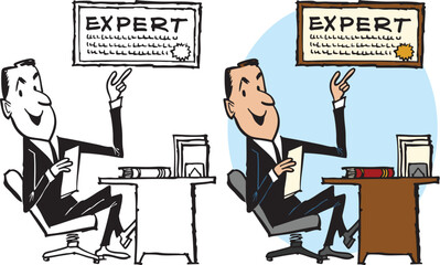 A vintage retro cartoon of a businessman sitting at his desk pointing to the plaque that declares him an expert. 