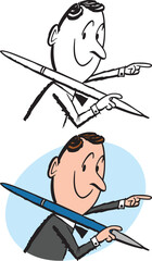 A vintage retro cartoon of a businessman holding an oversized writing pen and pointing. 