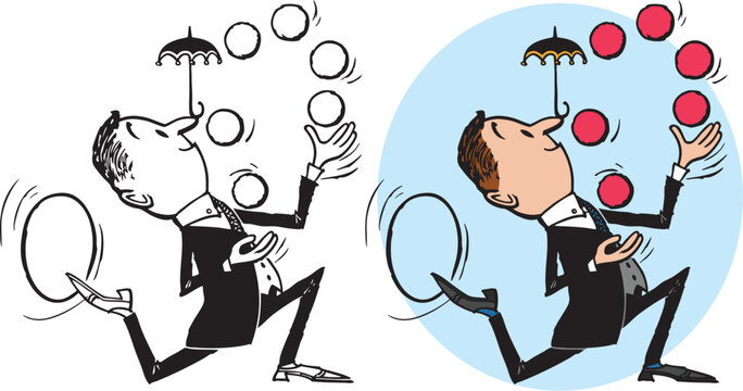 A vintage retro cartoon of a businessman juggling several tasks at once. 
