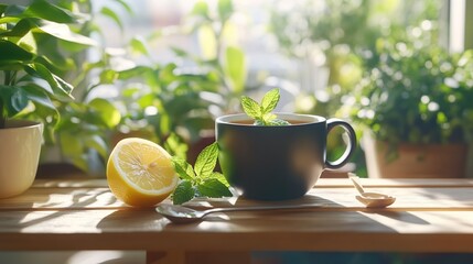 A cozy scene featuring a cup of tea, lemon, and fresh mint.