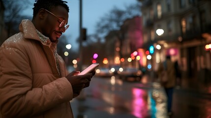 Man using smartphone at night in a city.  Image shows a young man checking his phone at night on a city street.