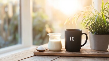 Fototapeta premium A cozy scene featuring a mug, milk, and a spoon on a wooden table.