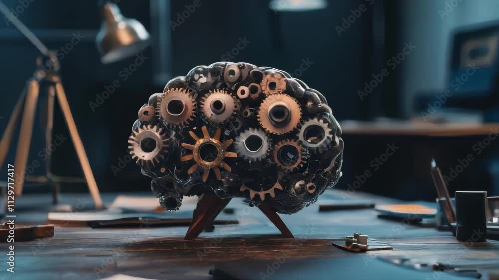 Poster a mechanical brain made of gears sits on a desk, symbolizing the complexities of thought, innovation