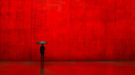 Silhouette of a person with an umbrella against a vibrant red wall.  A striking minimalist image perfect for design projects.