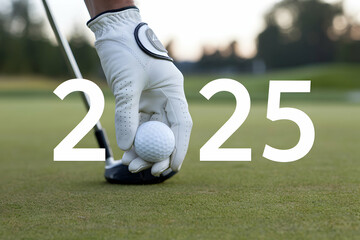 Golf ball ready to tee off, overlaid with 2025 for a tranquil vibe