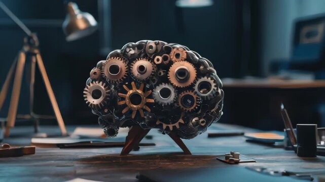 A mechanical brain made of gears sits on a desk, symbolizing the complexities of thought, innovation, and artificial intelligence.. AI Generation