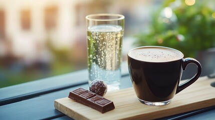A cozy scene with coffee, chocolate, and sparkling water.