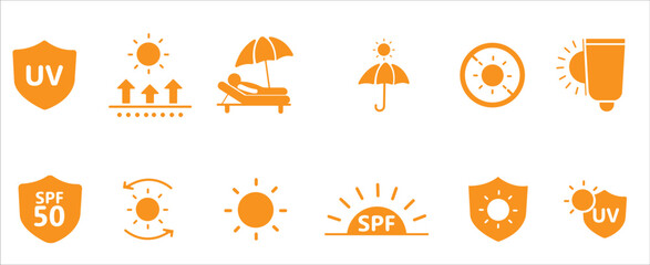 Sunlight and Ultraviolet Rays Vector Icon Set. UV vector illustration icons