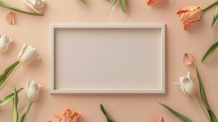 A blank white picture frame with wooden floral carvings centered encircled by daisies and tulips