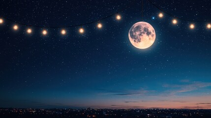 Naklejka premium Enchanting Night Scene with Full Moon and Radiant String Lights