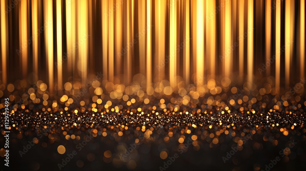 Poster golden abstract background with vertical lines and shimmering bokeh
