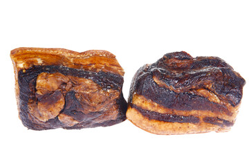 Smoked bacon slices, isolated on white background