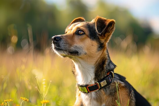 Dog wearing e collar outside - Powered by Adobe
