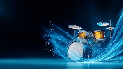 Blue drum kit sparkling on dark background with copy space, perfect for music related designs