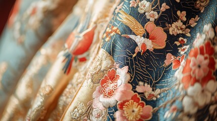 Close-up of intricately embroidered fabric with floral and bird motifs, showcasing rich colors and textures.