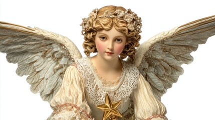 Obraz premium A Victorian angel with a kind expression, wearing a lace-adorned dress and carrying a star, isolated on white