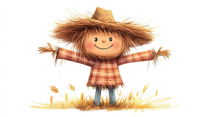 Cute scarecrow drawing, isolated and happy cartoon farm character with a smiling face and straw hat, harvest and autumn theme, fun and cheerful design.