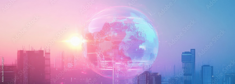 Poster a double exposure of a digital cityscape and a globe, symbolizing global connectivity and technology
