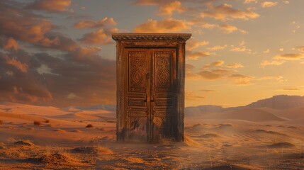 Fototapeta premium a high-detail 4K photo of an intricately carved wooden door standing alone in an endless desert slightly ajar with a soft