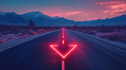 Red neon glowing arrows on the asphalt road passing through the desert with mountains. straight ahead way concept, path to success direction, business career future guidance,journey to the destination
