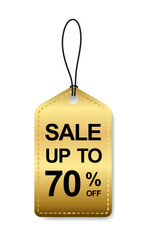 Gold sticker label, Golden Sale 70% off Rectangle Round shiny glossy badge with hanging vector design, use to your product discount advertisement , shopping low price banner for store or website