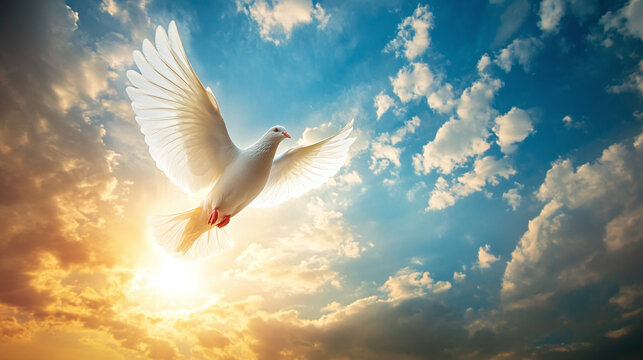 White dove bird symbolizing holy spirit flying near wooden cross in the heaven sky clouds with sunlight. jesus christ, god worship in faith, spiritual peace, church baptism service, salvation.