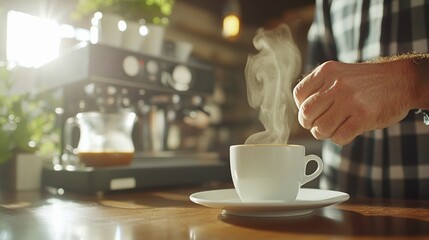 A steaming cup of coffee being prepared on a cafe counter.