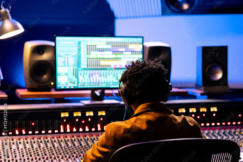 Poster african american sound engineer editing tracks in control room at studio, working on mixing and mast