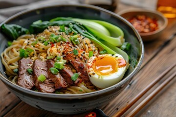 Duck noodle soup with vegetables in wooden bowl