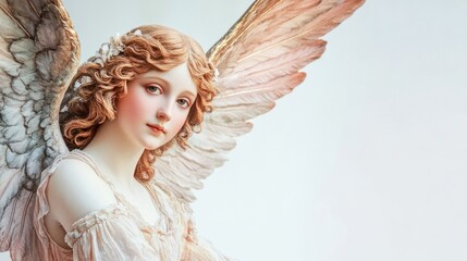 Vintage Victorian angel with soft, feathered wings and a serene expression, wearing a pastel dress, on a white backdrop