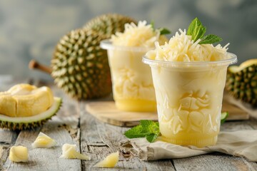 Durian and pandanus jelly dessert with coconut milk and palm sugar served in a plastic cup on a wooden table