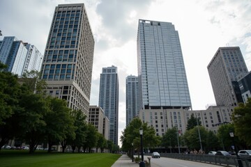 Obraz premium Urban Skyline: Modern Architecture and Green Spaces for Cityscape Design Inspiration