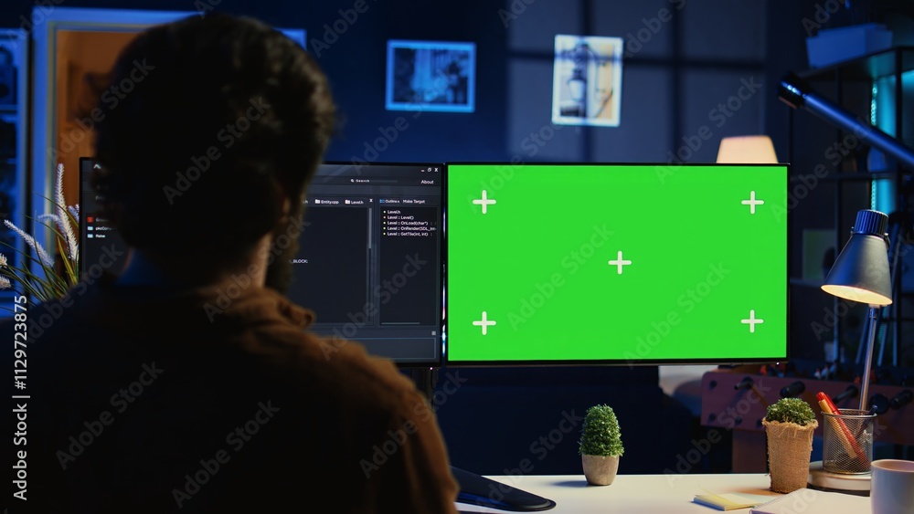 Poster freelancing man doing it support job from apartment personal office, coding on isolated screen pc. s