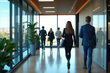 Modern Office Corridor with Business Professionals Walking Towards the Future