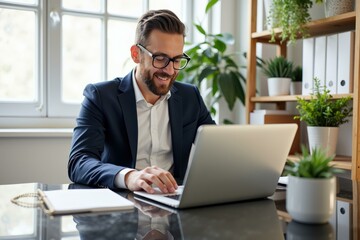 Professional Businessman Working on Laptop in Modern Office, Ideal for Corporate and Business Imagery