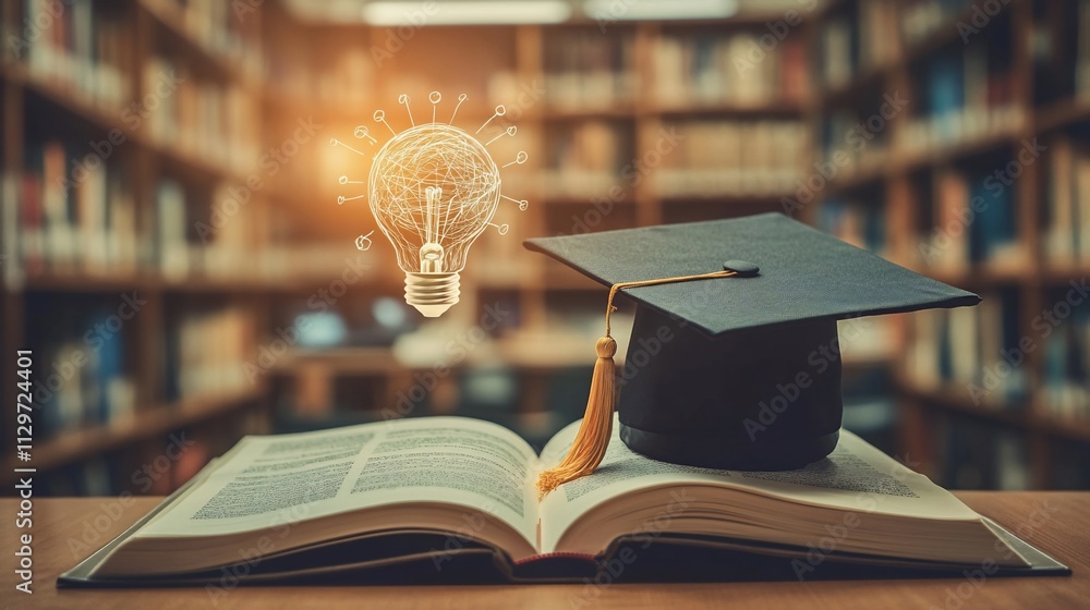 Poster graduation cap on open book with glowing idea bulb in library background.